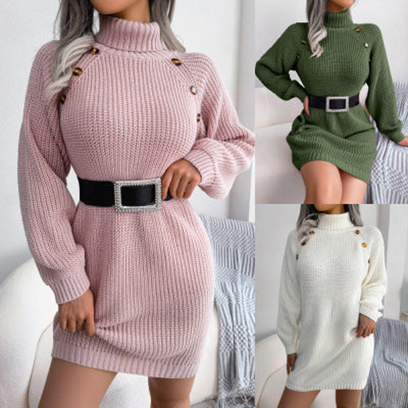 Cozy Elegance – Winter Turtleneck Sweater Dress with Button Detail